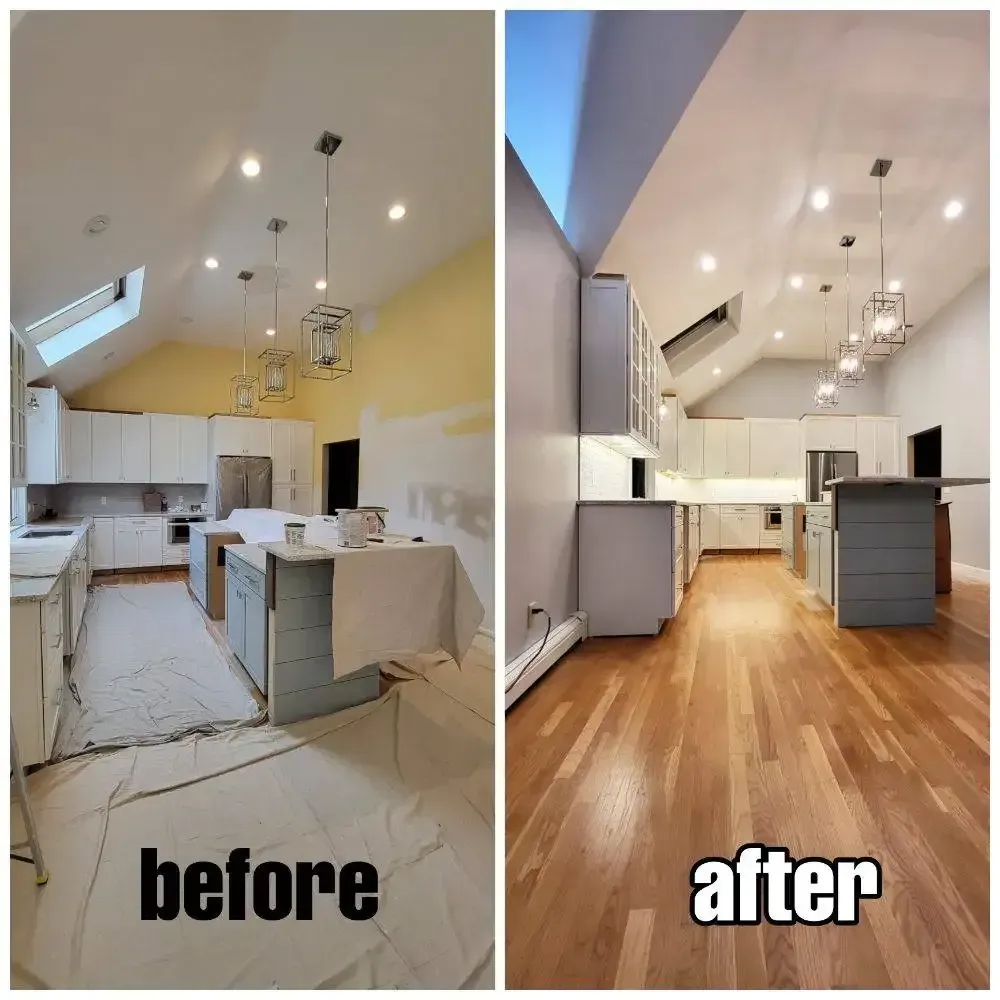 A before and after photo of a kitchen with hardwood floors