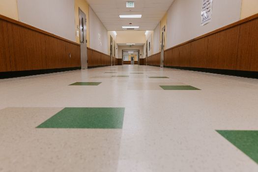 A picture of a tiger on the floor of a cafeteria