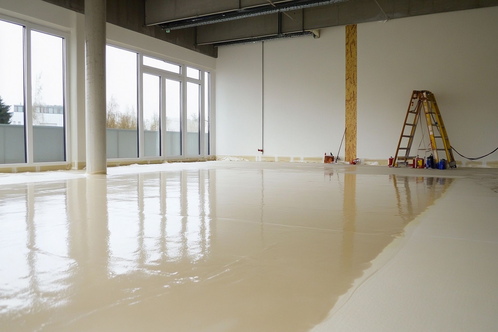 Light beige epoxy floor reflects a room with large windows and a ladder.
