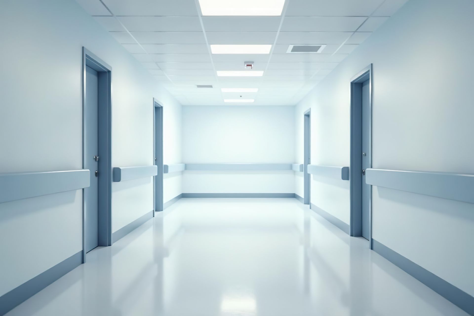 Hospital hallway with blue doors and handrails, white walls, and bright overhead lighting.