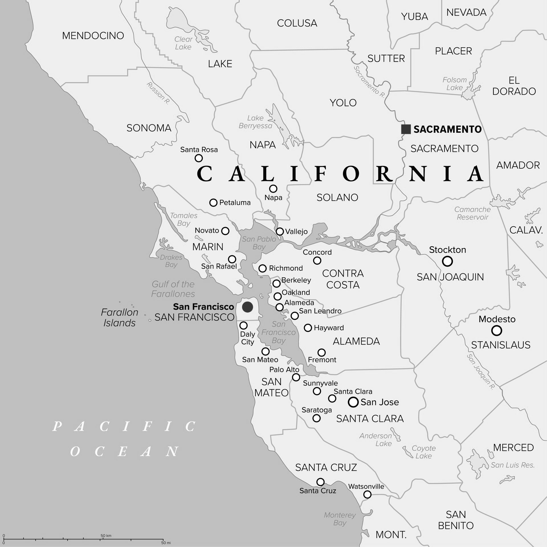 A black and white map of the state of california