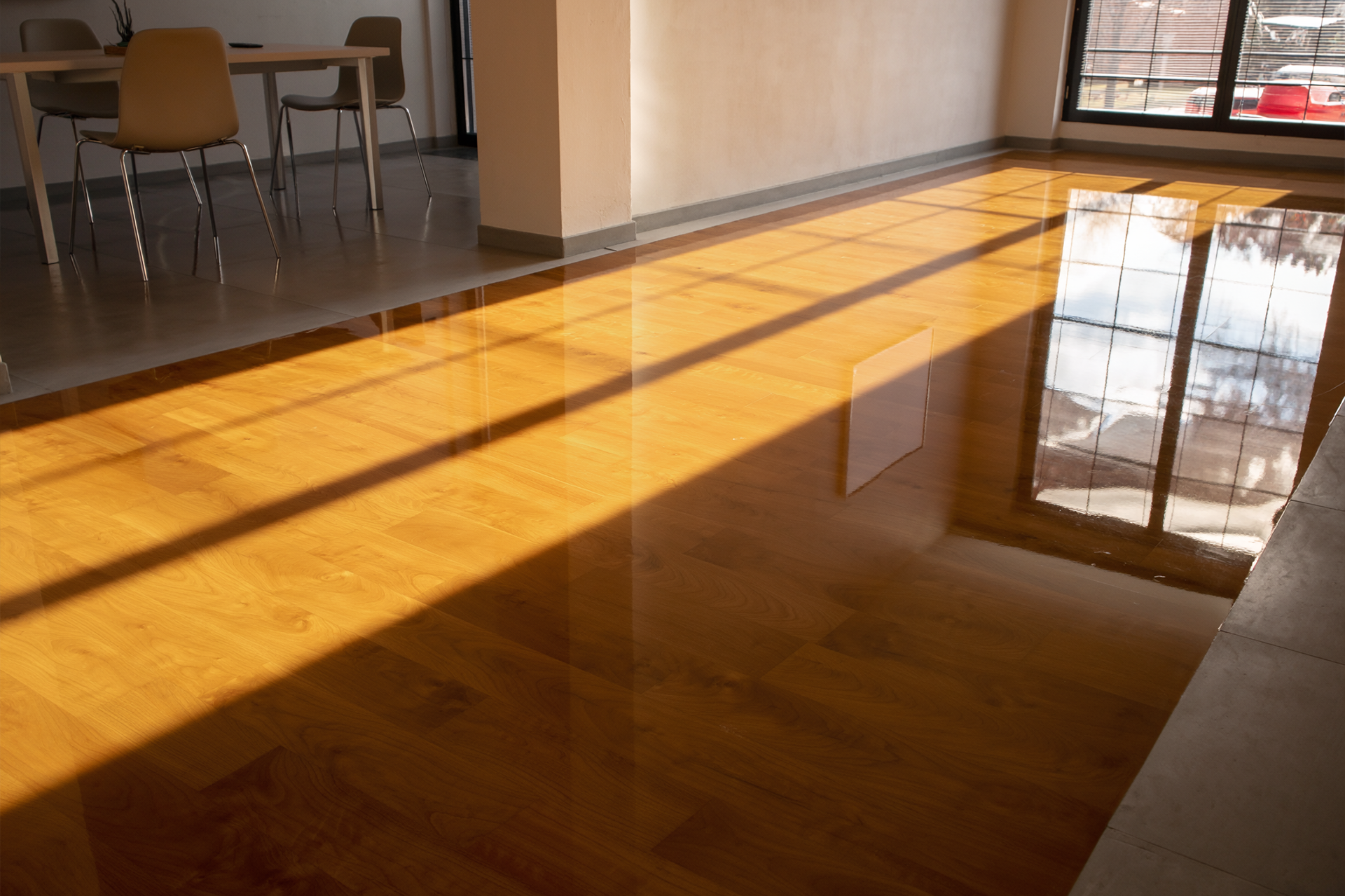 Shiny wooden floor reflecting sunlight from a large window.