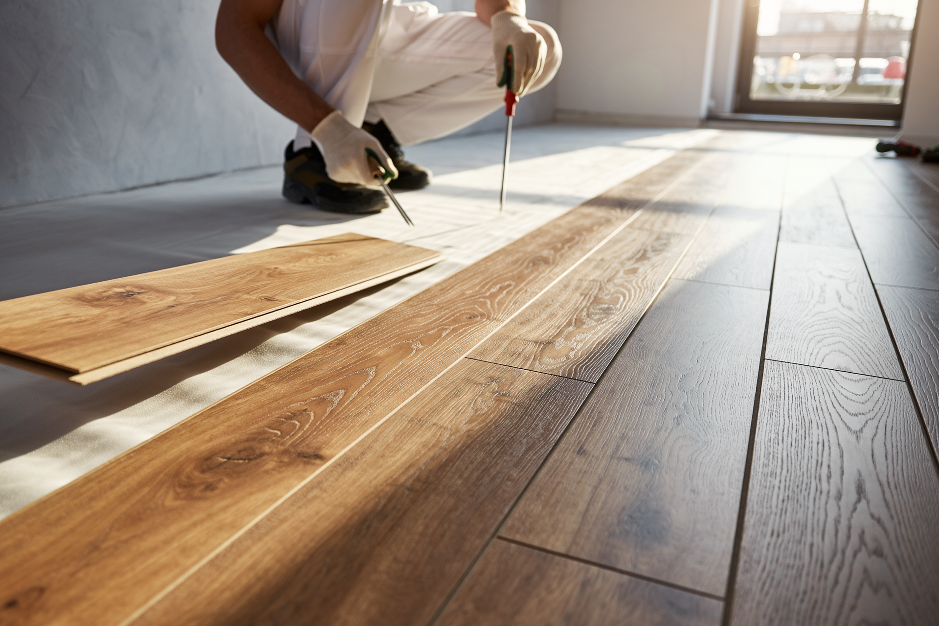 Person installing wood flooring, kneeling and using tools in a room with a window.