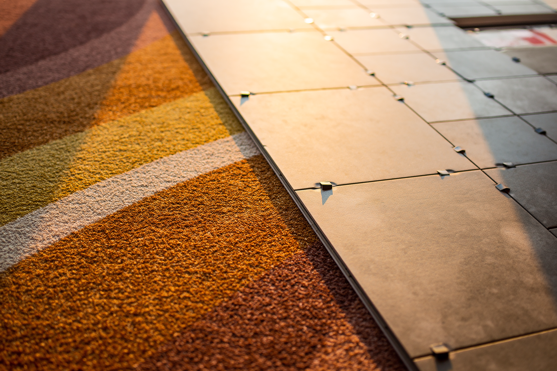 Close-up of brown carpet meeting square floor tiles with sunlight.