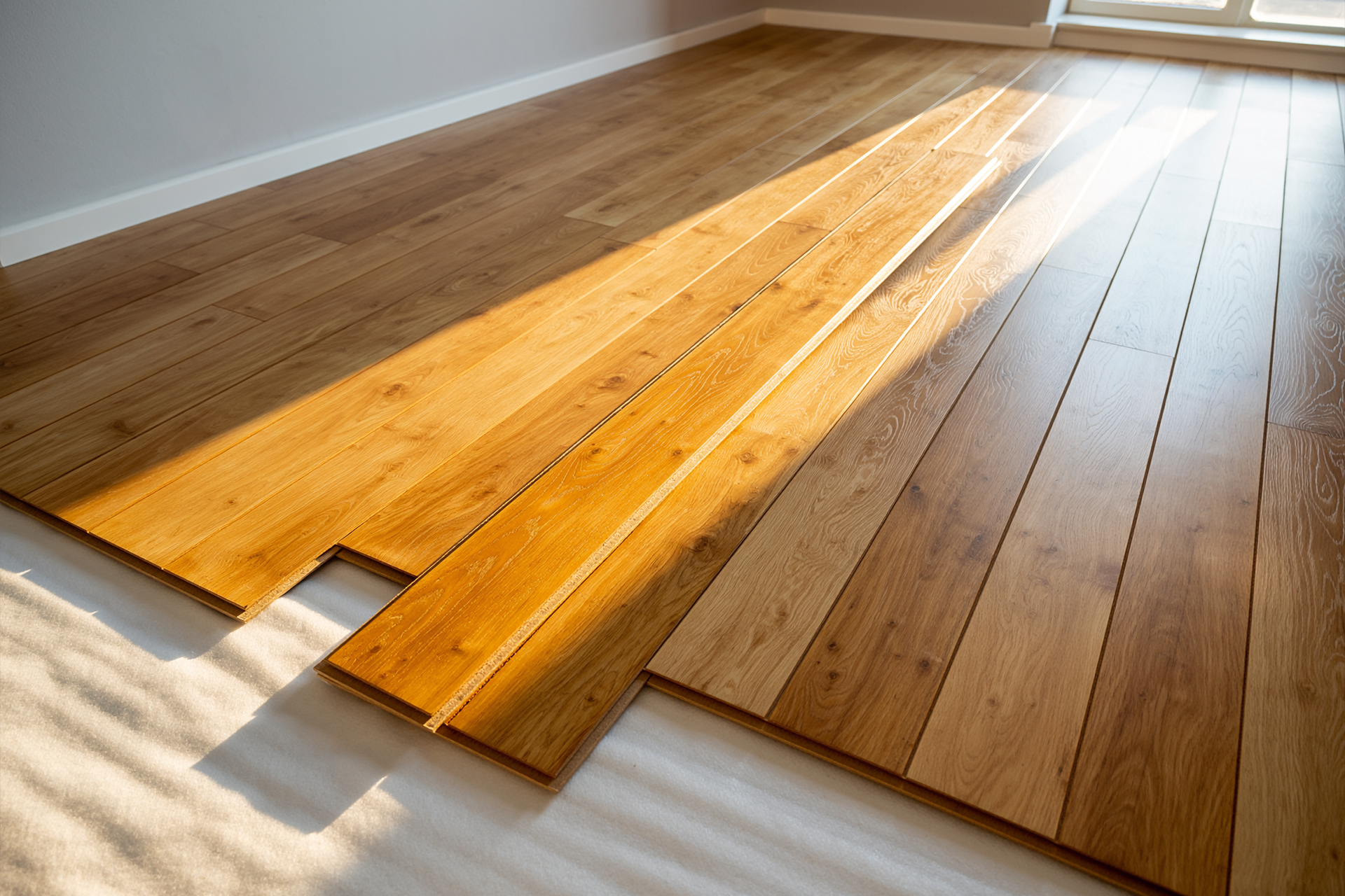 Wooden floor installation in progress; wood planks are laid on a white underlayment, and natural light shines.