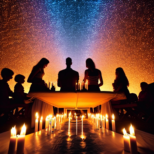 A group of people sitting at a table with lit candles