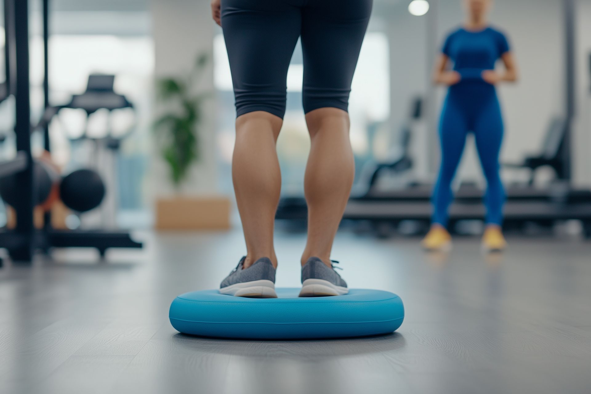 Person balancing on a blue exercise cushion in a gym, with another person blurred in the background Person balancing on a blue exercise cushion in a gym, with another person blurred in the background