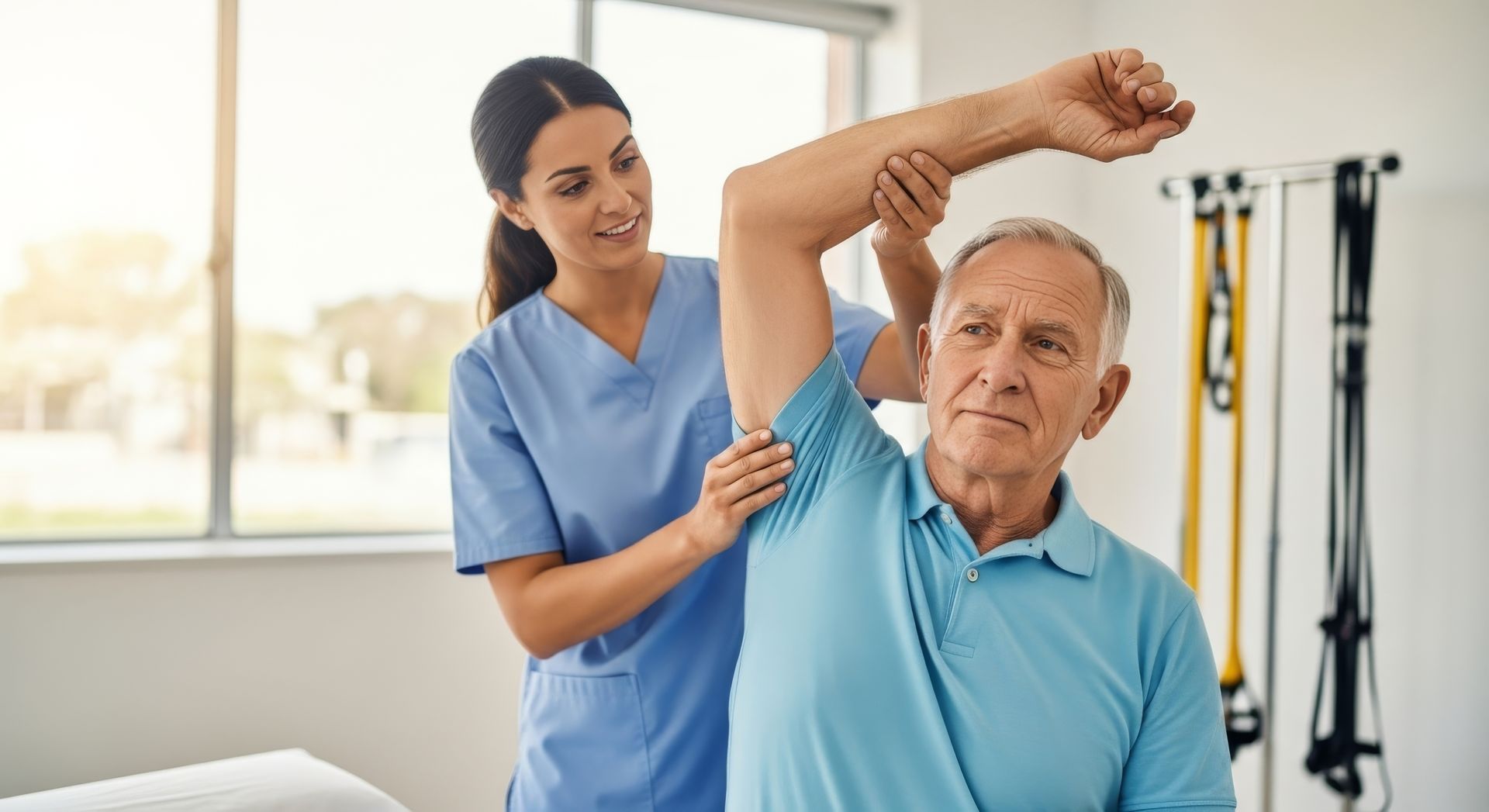 Physical therapist assisting a man stretching his arm in a bright rehab clinic Physical therapist assisting a man stretching his arm in a bright rehab clinic