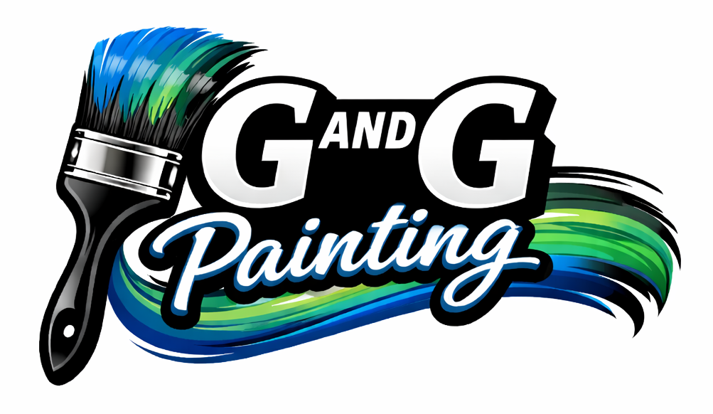 Logo for G and G Painting, featuring a paintbrush with green and blue paint strokes behind bold white text.