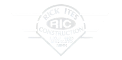 A white logo for rick ites construction on a white background.