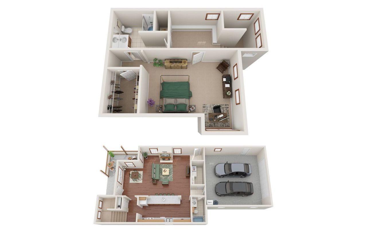 2 Bed 2 Bath Floor Plan with Carpet and Wood Flooring