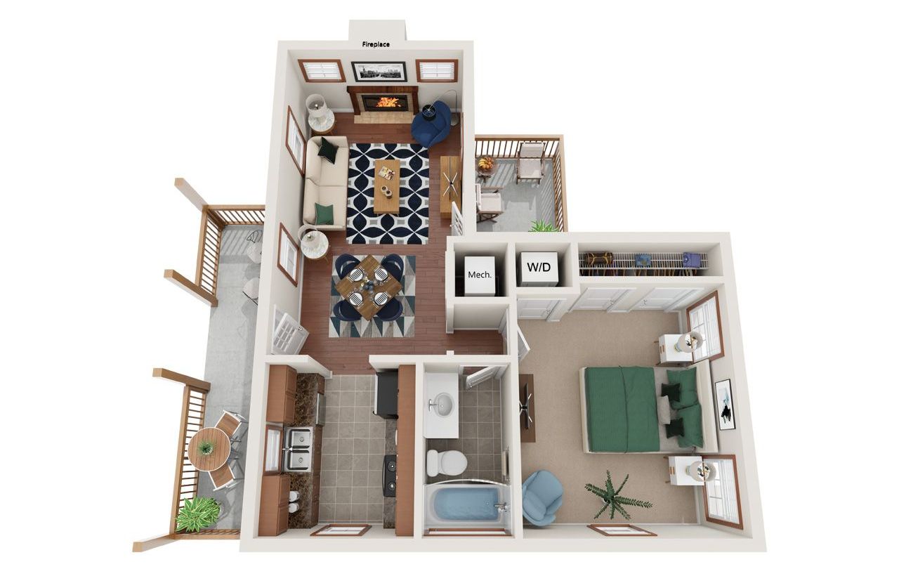 1 Bed Floor Plan with Carpet and Wood Flooring