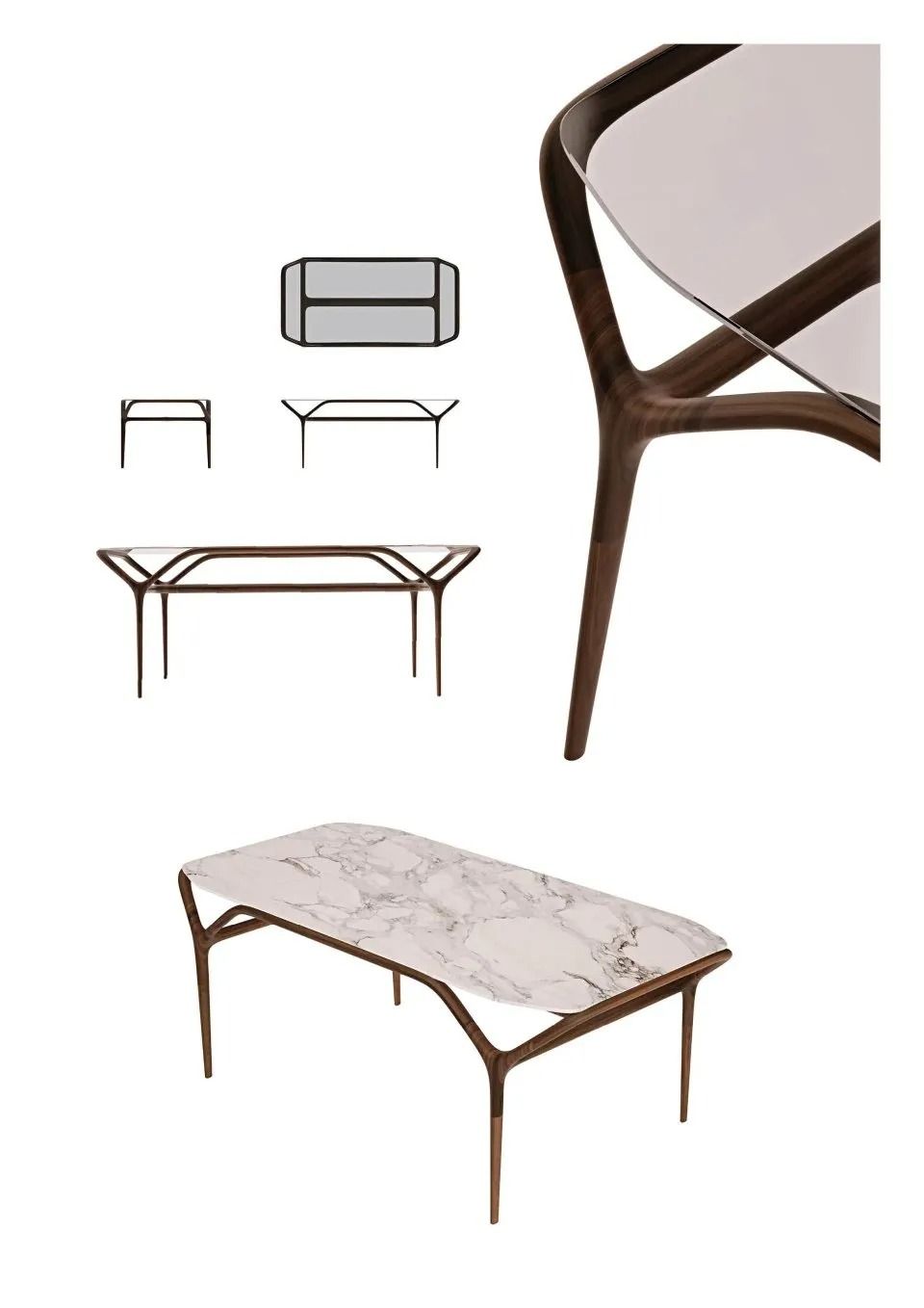 Tavolo da pranzo moderno con piano in marmo e gambe sottili marroni, mostrato in diverse angolazioni su sfondo bianco.