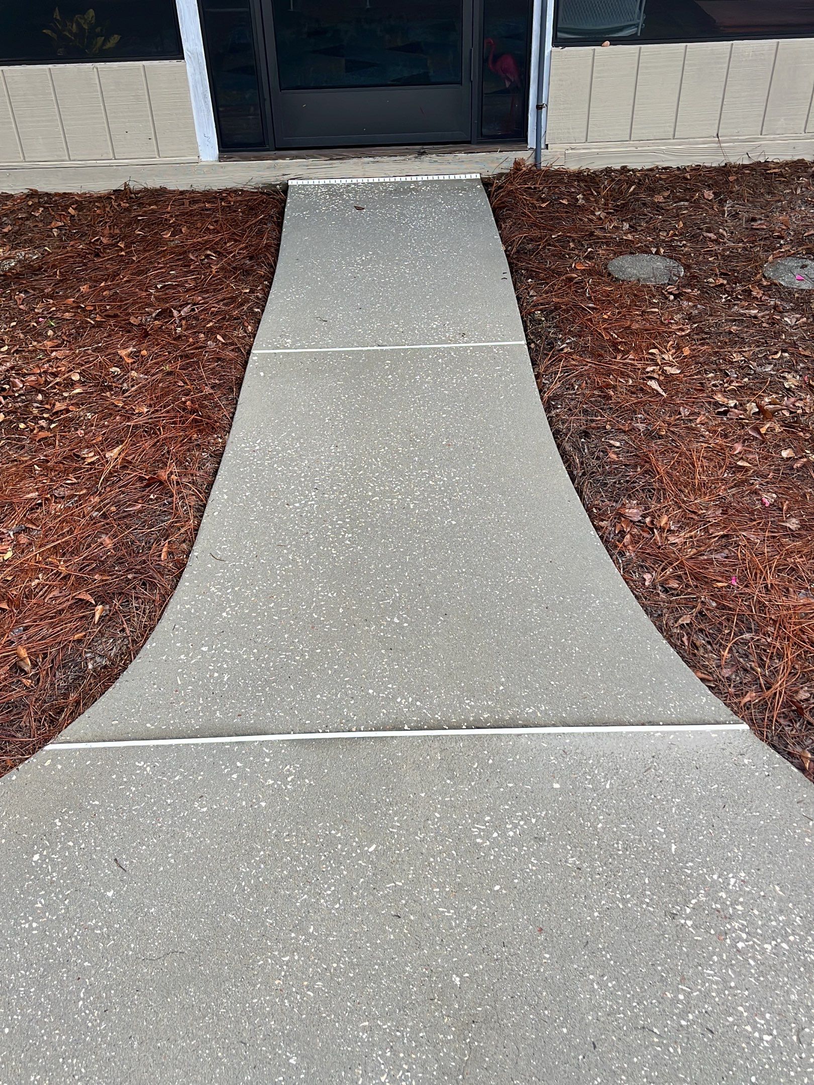 A concrete walkway leading to a building with mulch on the side.