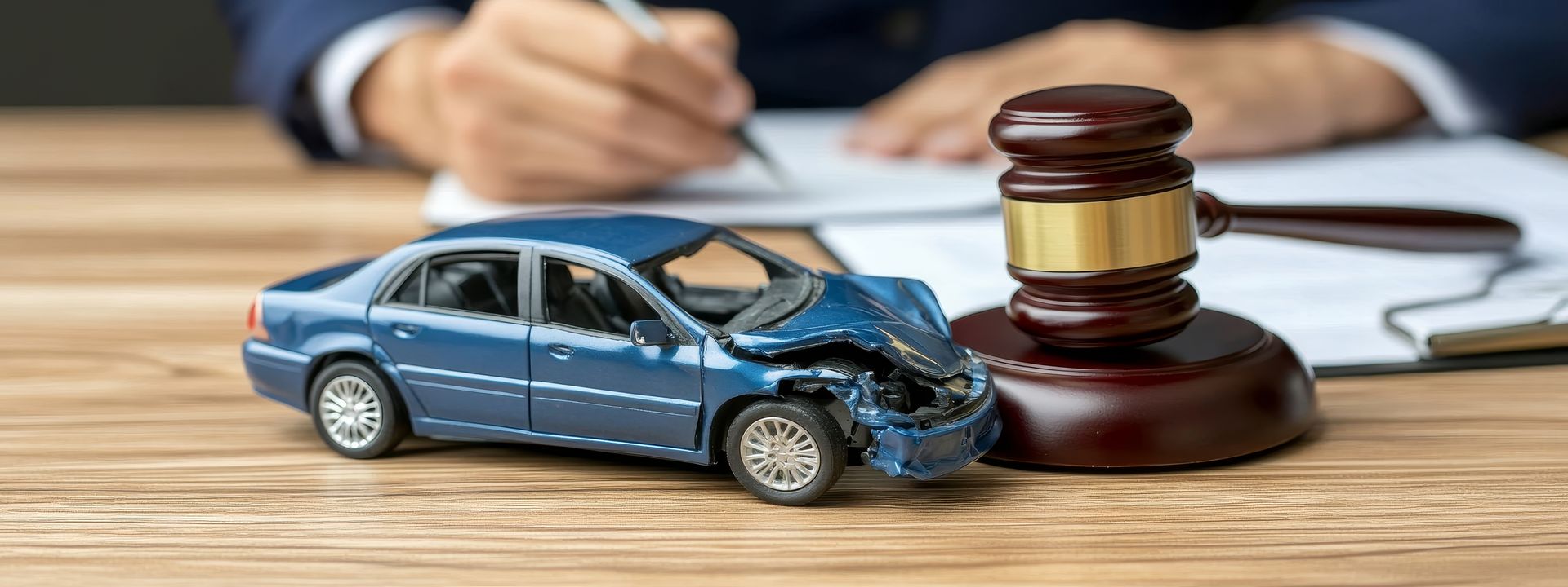 Close-up of a gavel and broken car model with a lawyer drafting documents.