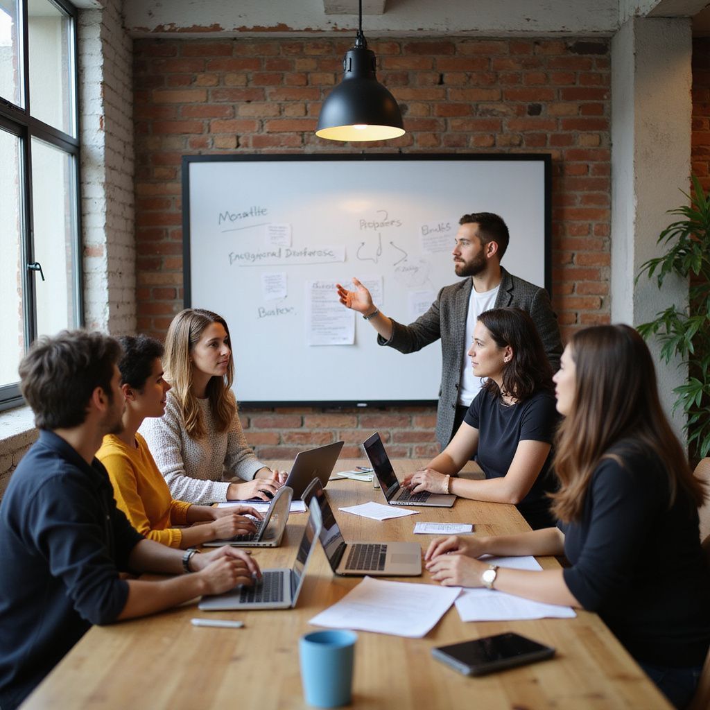 Group of people in a meeting, one person presenting at whiteboard, laptops on the table.