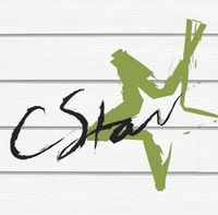 Logo for cStar, a company, with black cursive text and a green star graphic on a white wooden background.
