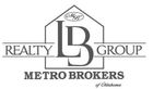 The logo for metro brokers of oklahoma is black and white.