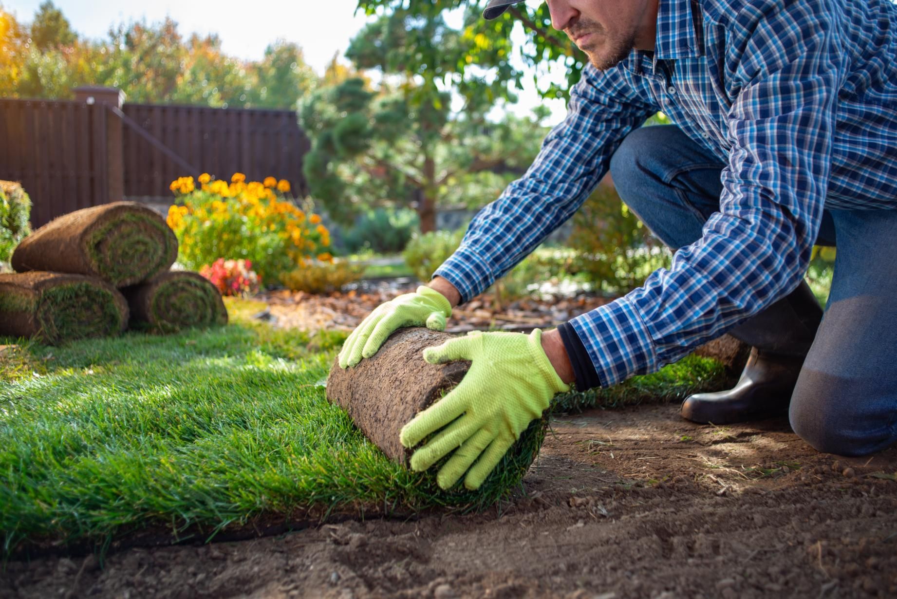 Man in blue plaid shirt and gloves, laying sod in a garden.