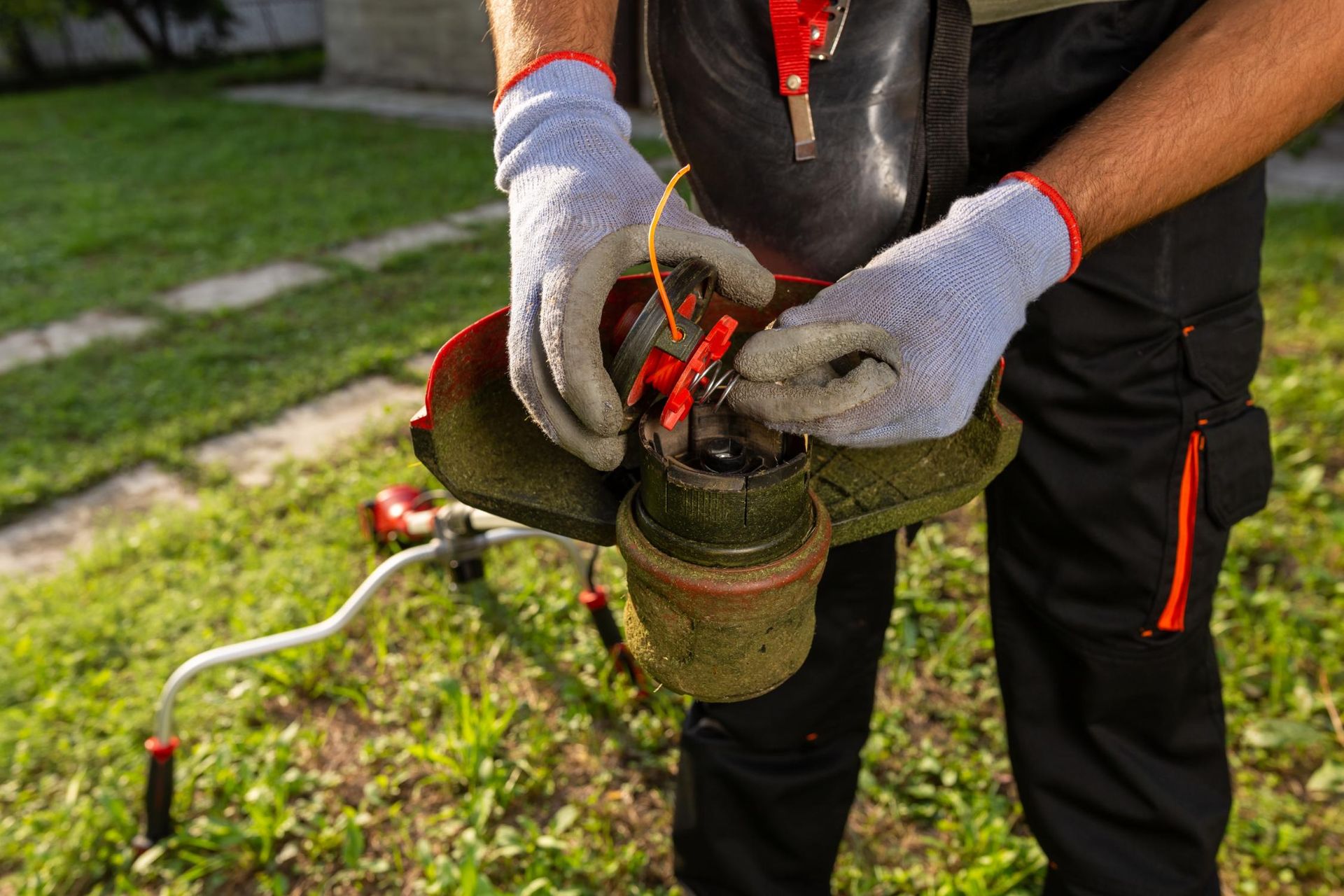 Person wearing gloves working on a weed trimmer outdoors on grass.