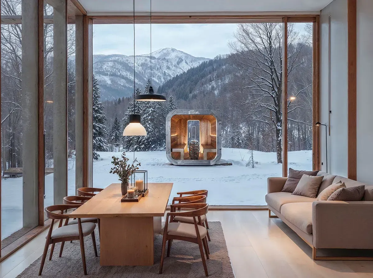 Un salon avec une table et des chaises et une vue sur les montagnes enneigées avec un sauna en fond dehors