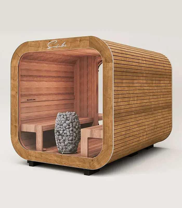 Un rendu 3D d'un sauna en bois.