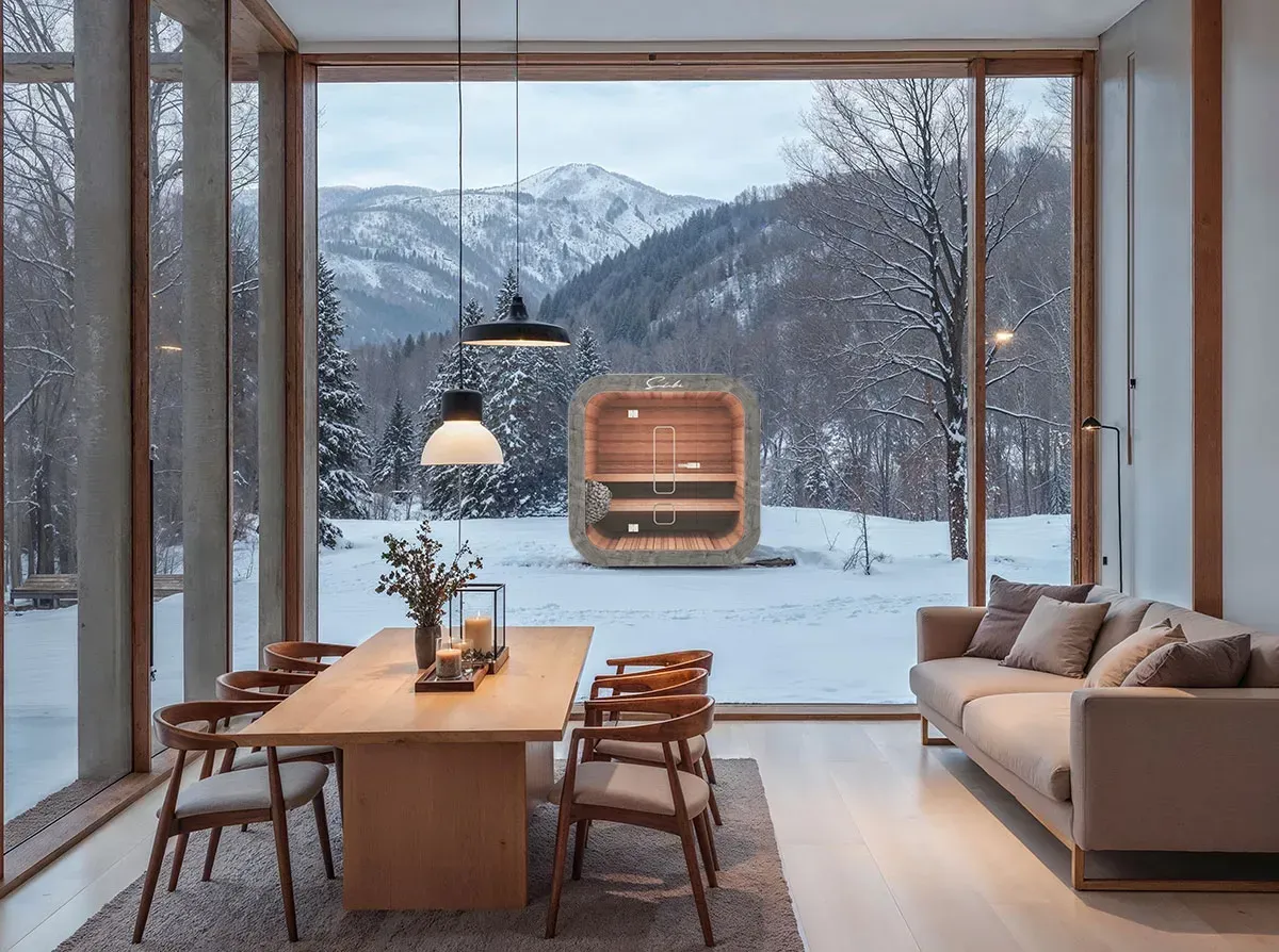Un salon avec une table et des chaises et une vue sur les montagnes enneigées avec un sauna en fond dehors