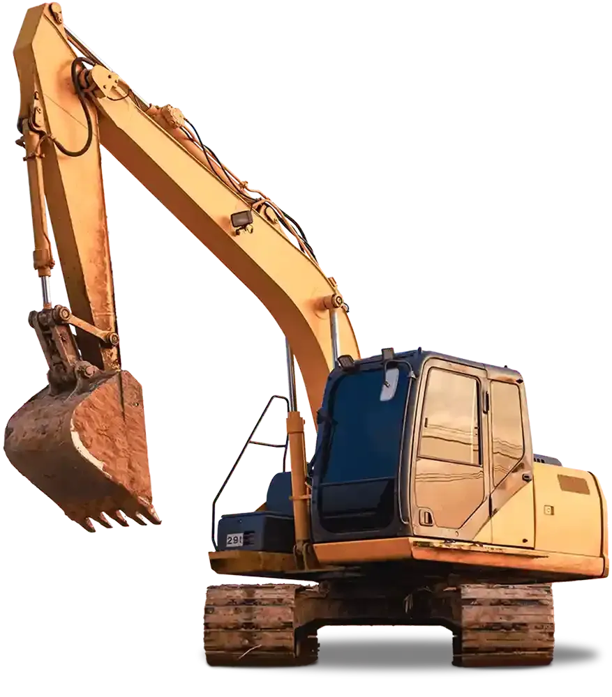 A yellow excavator with a large bucket on a white background.