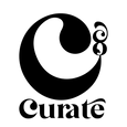 A black and white logo for curate with a swirl in the middle.