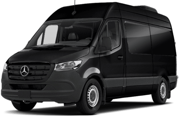 Black Mercedes-Benz Sprinter van on a paved surface.