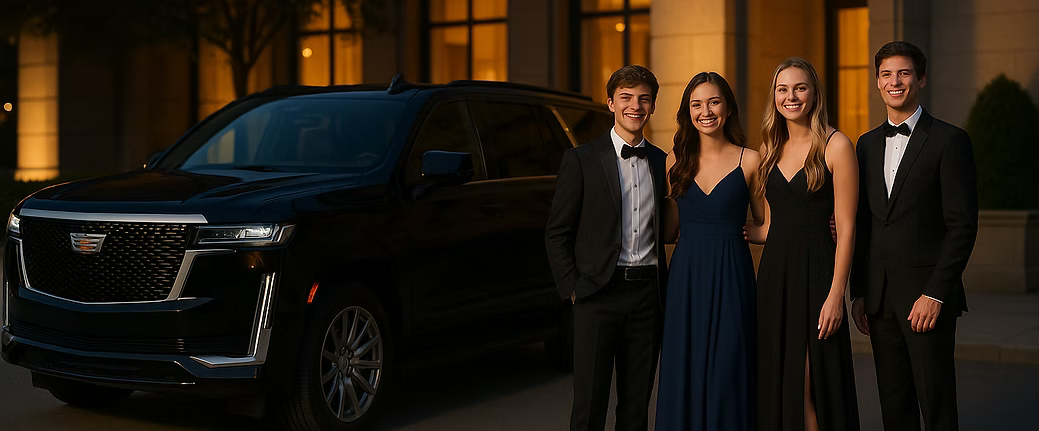 Group of teens in formal wear pose by a black SUV. Evening setting with illuminated building in background.