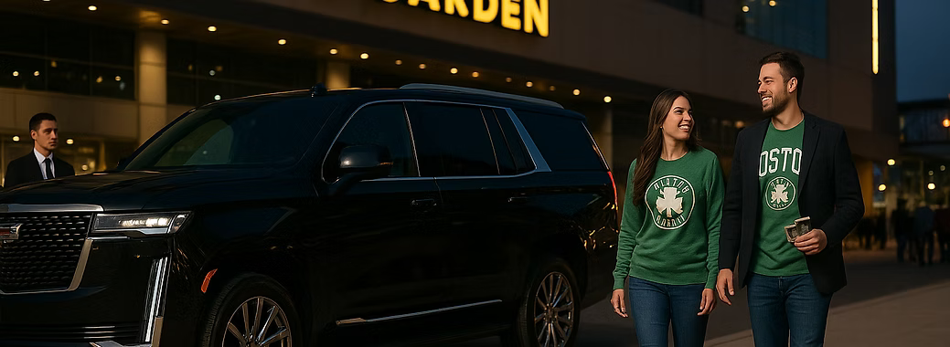 Couple wearing green sweatshirts walk by a black SUV near a building that reads 
