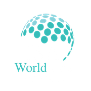Teal-colored globe formed of circles with the word "World" below.
