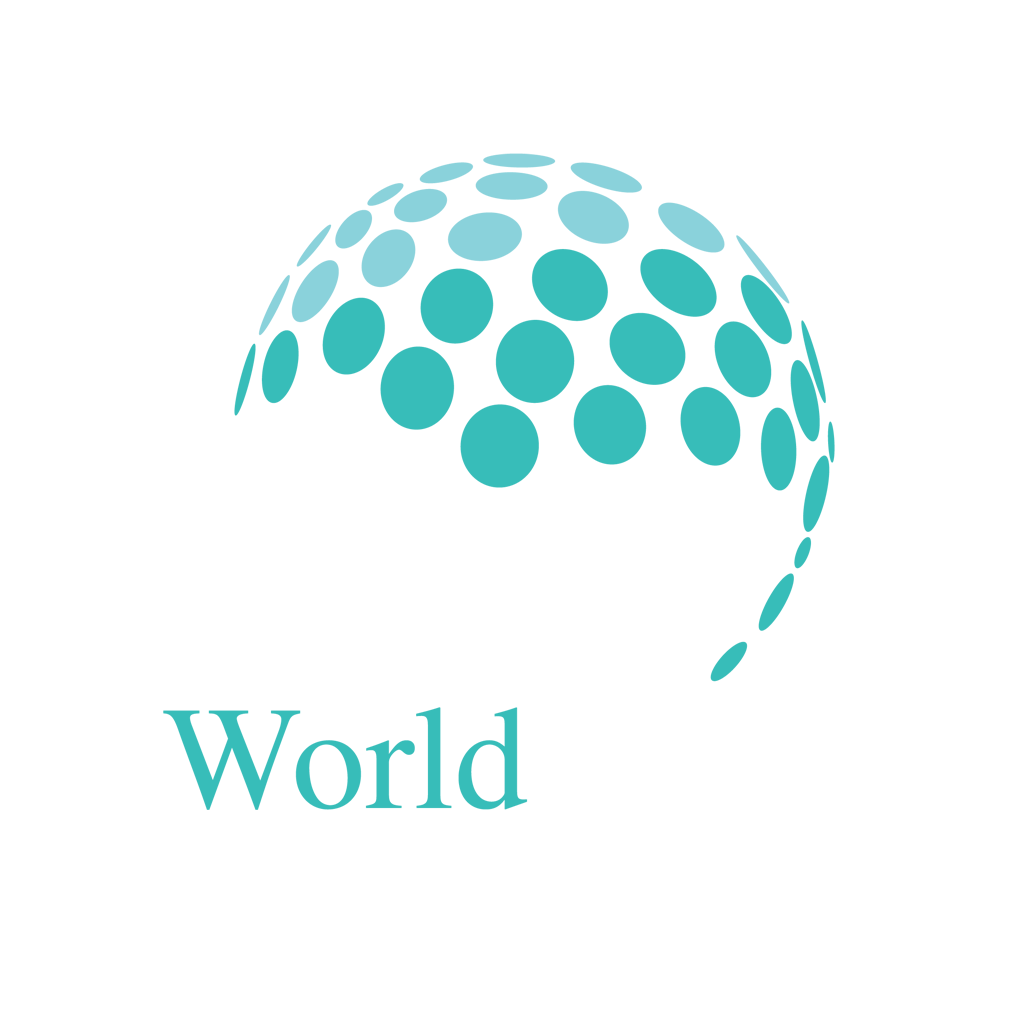 Teal-colored globe formed of circles with the word "World" below.