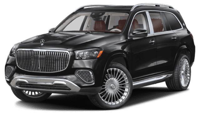 Black Mercedes-Maybach sedan with a chrome grill and spoke wheels.