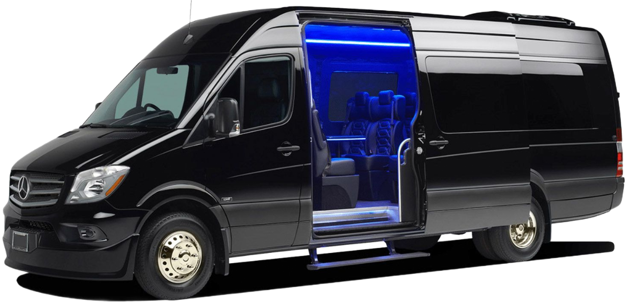 Black Mercedes-Benz Sprinter van on a paved surface.