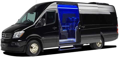 Black Mercedes-Benz Sprinter van on a paved surface.