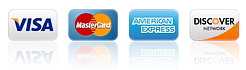 Logos of Visa, MasterCard, American Express, and Discover credit cards.