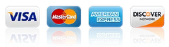 Logos of Visa, MasterCard, American Express, and Discover credit cards.