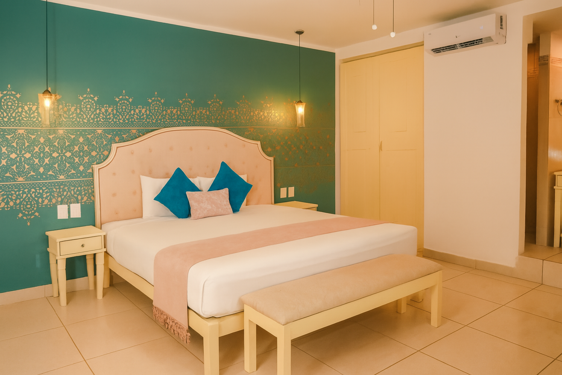 Bedroom with teal accent wall, beige furniture, and king bed with pink and blue accents.