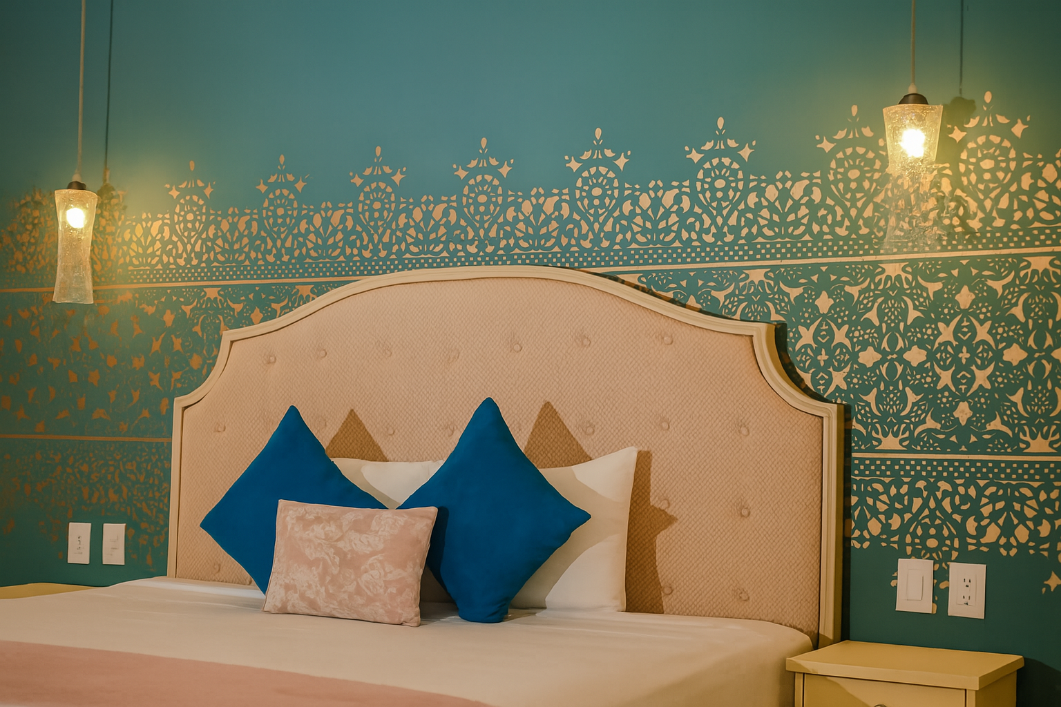 Bedroom with bed, teal wall with gold stencil design, two pendant lights, pillows.