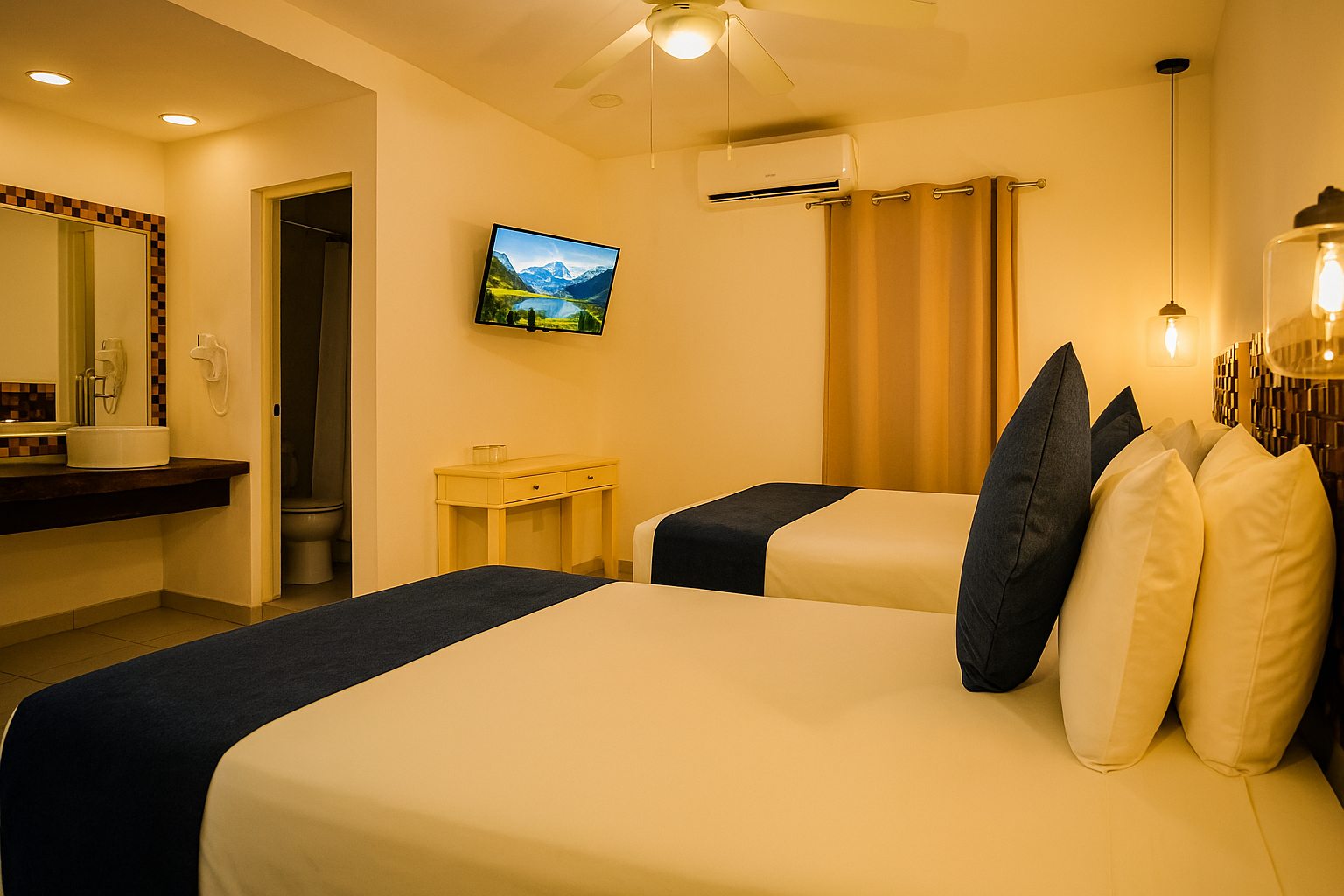 Hotel room with two beds, TV, and bathroom visible; neutral colors, warm lighting.