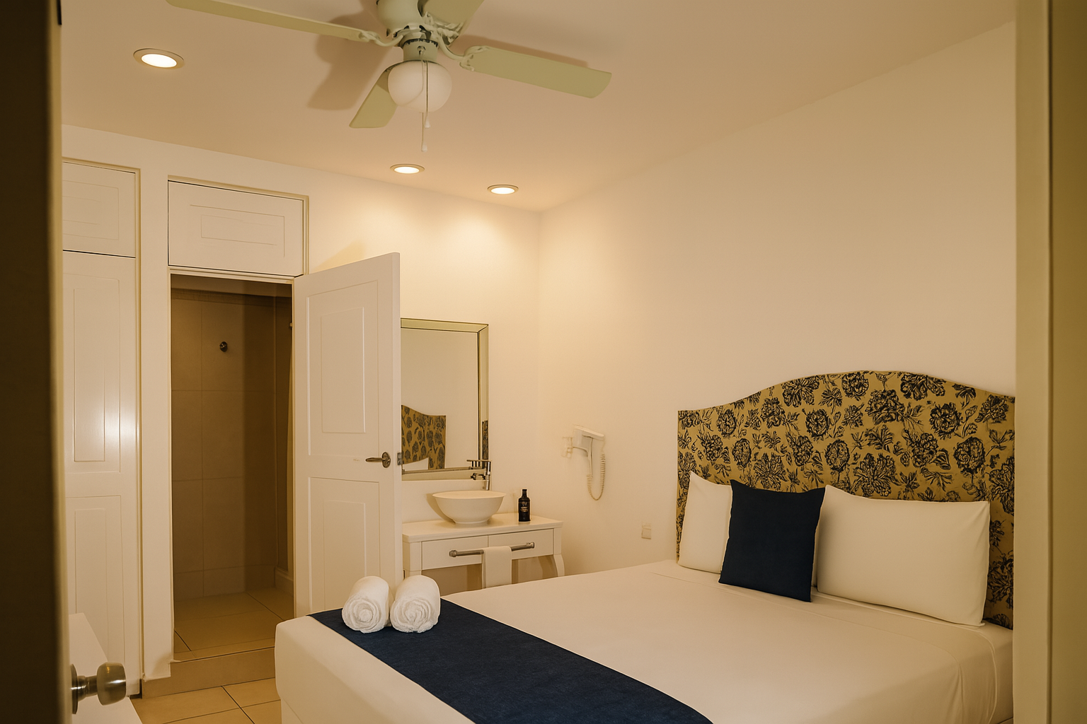 Bedroom with white walls, bed with floral headboard, and bathroom entrance.