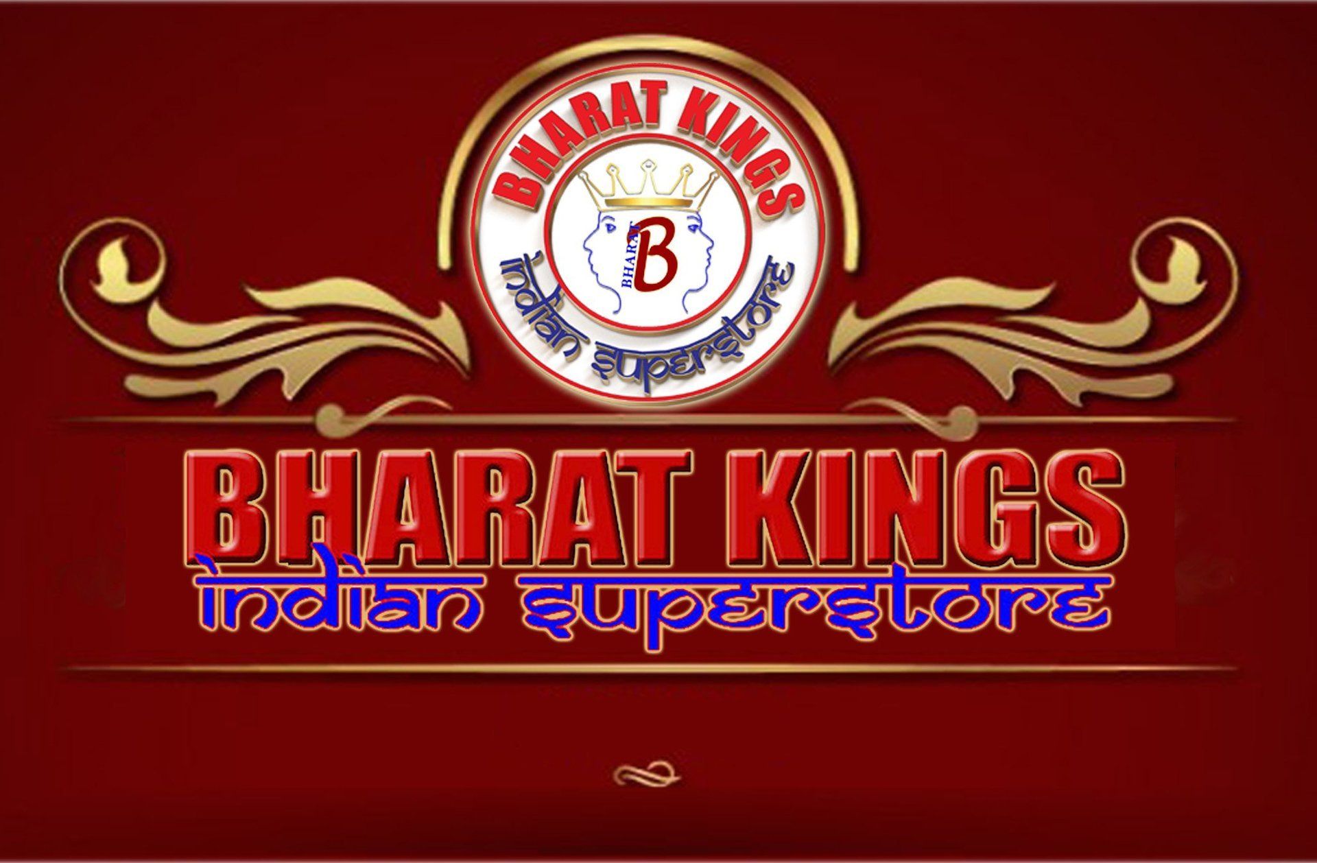Een logo voor de Indiase superstore van bharat kings op een rode achtergrond