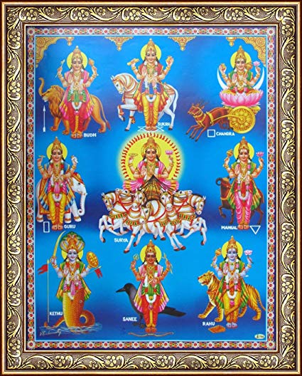 Een ingelijste afbeelding van een groep goden op een blauwe achtergrond
