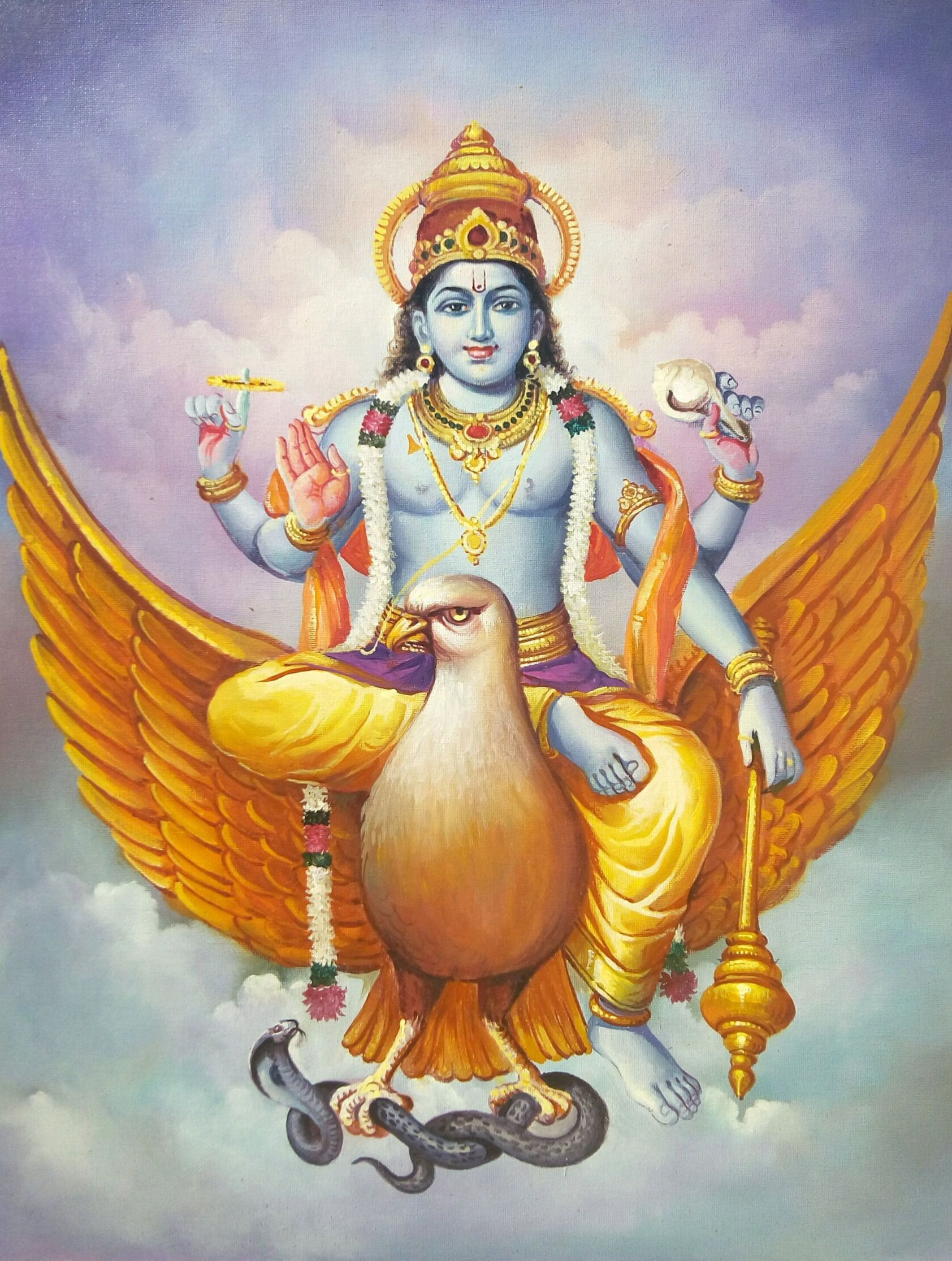 Een schilderij van een godheid zittend op een vogel