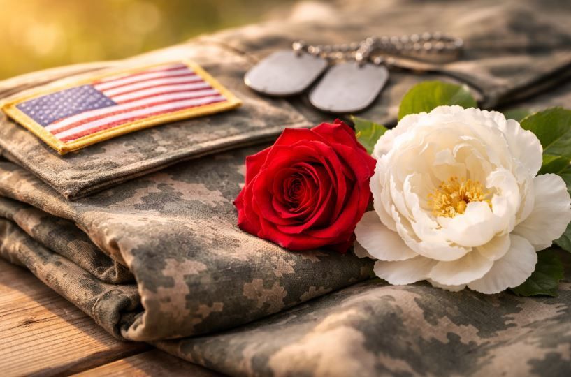 Veteran dress uniform with flag patch, dog tags, and roses, funeral homes Aledo, TX tribute