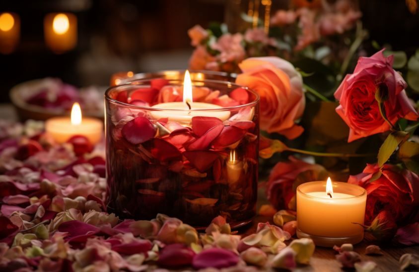 Warm candlelight over scattered rose petals and fresh roses, cremation services Weatherford, TX