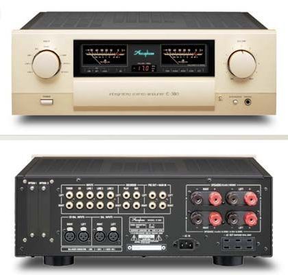 The front and back of a stereo amplifier