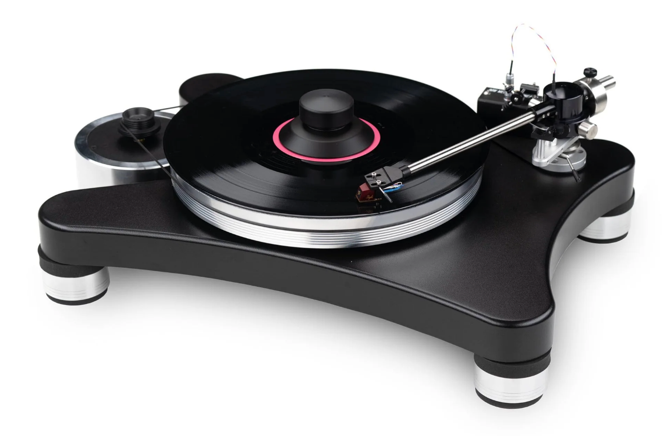 A black and silver record player on a white background